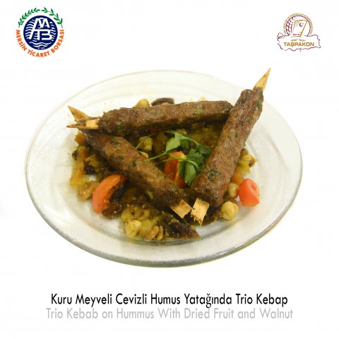 Trio Kebab on Hummus with Dried Fruit and Walnut