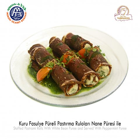 Stuffed Pastrami Rolls with White Bean Puree and Served with Peppermint Puree