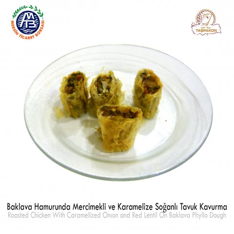 Roasted Chicken with Caramelized Onion and Red Lentil on Baklava Phyllo Dough