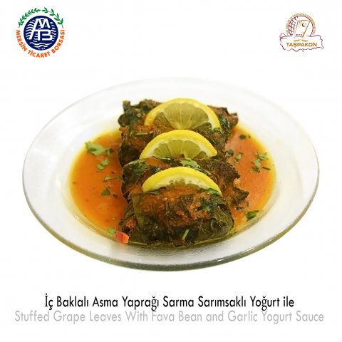 Stuffed Grape Leaves with Fava Bean and Garlic Yogurt Sauce