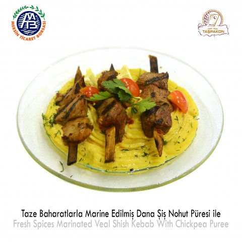 Fresh Spices Marinated Veal Shish Kebab with Chickpea Puree